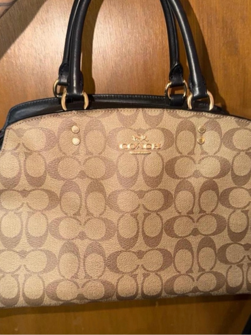 Coach Khaki Signature Canvas Dome Satchel with Black Trim